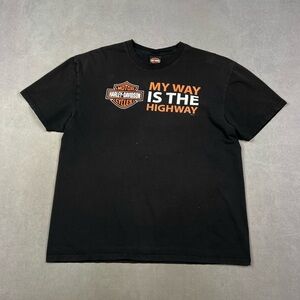 Harley-Davidson Black Tee with Orange and White 'My Way Is The Highway' Graphic